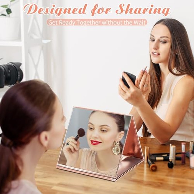 3 Way Foldable Full Length Mirror with Handle 31.89 x 11.22 Inches Leather Portable Camping Travel Hanging Folding Body Mirror for Makeup Dance Home Fitness Spa Hair Styling(Rose Gold)