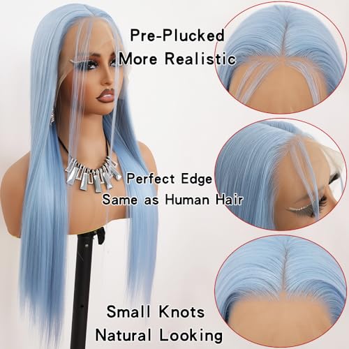 Ice Blue Lace Front Wig 24 Inch Long Straight Synthetic Hair for Women - Glueless, Natural Hairline