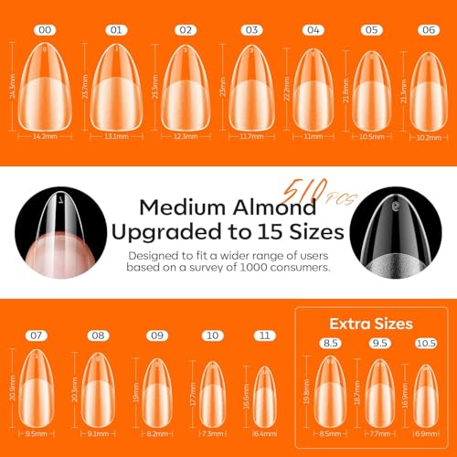 modelones Gel Nail Kit Almond, Upgrade 15Sizes Fake Nails, 9-in-One Glue Dehydrator & Mini U V Light Clipper, 510Pcs Medium Almond Press on Tips for Extension DIY Salon Home Gift (Pack of 2)