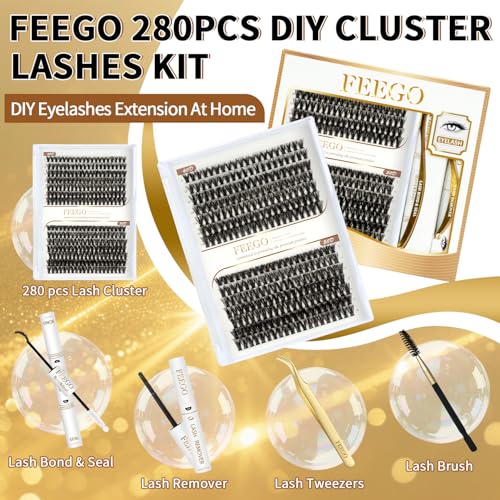 FEEGO Fluffy Eyelash Extensions Kit With Cluster Lashes, Eyelashes Extensions Kit 40D+50D 9-16mm DIY Lash Thick, Individual Lashes, Double-headed mascara brush, Remover (4050D Charming Kit)