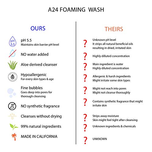 A24 Organic Aloe Foaming Wash | pH 5.5 | Hypoallergenic | No Water Added | 99% Natural | Vegan Formula | Ideal for Sensitive and Dry Skin | Soap Free