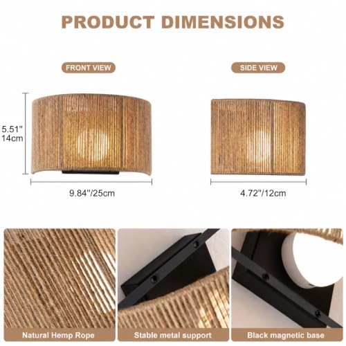 Rattan Battery Operated Wall Sconce Set of 2 - Boho Rechargeable Wall Lamp WL-Woven01