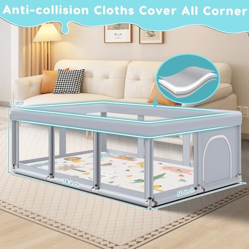 Fshibila 74x50 Inch Baby Playpen with Soft Mesh & Mat - Indoor & Outdoor Safety Play Yard, Grey