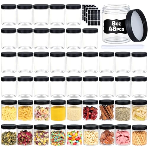 48 pcs 8 oz Plastic Jars with Black Screw-On Lids - Airtight Food Storage