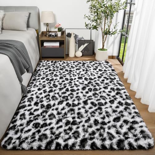 Amearea 6x9 White Fluffy Leopard Rug - Premium Cheetah Print Area Rug