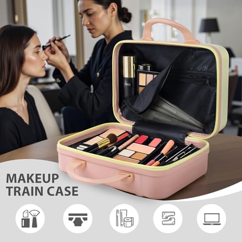 JZRSuitcase 14 Inch Makeup Train Case ABS Toiletry Bag for Women Portable Travel Hard Shell Carry-On Mini Cosmetic Organizer with Elastic Bands