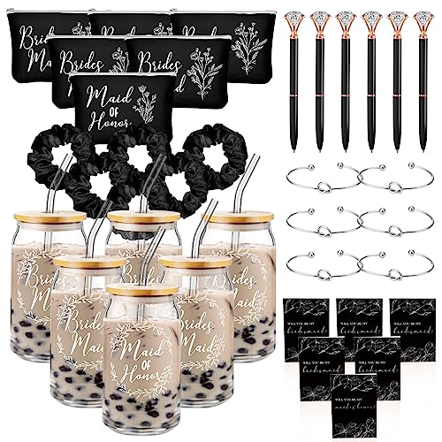 Irenare 36 Pcs Bridesmaid Proposal Gifts Set of 6 Will You Be My Bridesmaid 16 oz Glass Cup Brides Maid Cosmetic Bags Cards Bracelets Bridal Shower Favor Wedding Supplies Bachelorette Party(Black)