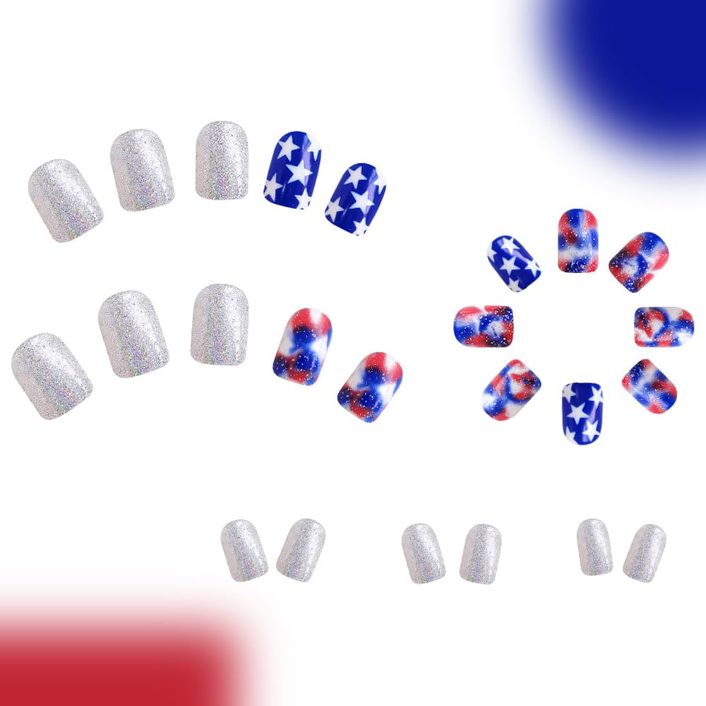 4th of July Press On Nails Extra Short Square,YEFIUO White Blue Smudge Fake Nails Press ons Nail Art Tip Acrylic Nail Kit Glue on Nails Full Cover False Nails with Silver Glitter Design for Ma'am