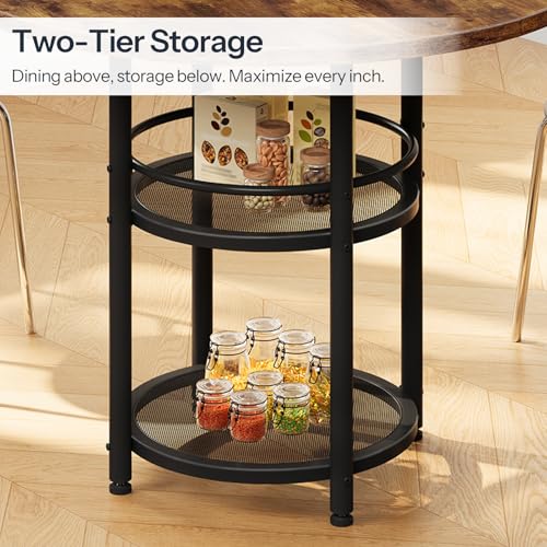 Round Dining Table for 2 with Two-Tier Storage - Rustic Brown & Black, 31.5" Kitchen Table for Small Spaces