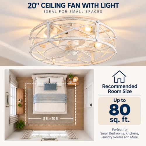 20-Inch White Gold Industrial Caged Ceiling Fan with Light & Remote - Farmhouse Style