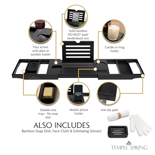 Temple Spring Wooden Bathtub Tray, Bamboo Bathroom Accessories, Bath Tray for Tub, at Home Spa Essentials, Board for Tub Table, Bath Caddy for Bathtub Accessories & Bathroom Essentials ? Black