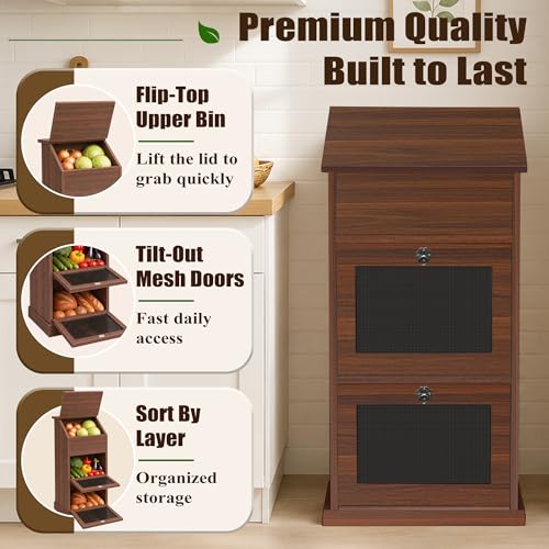 Verssure Walnut 3-Tier Wooden Produce Storage Bin with Lid for Fruits & Vegetables