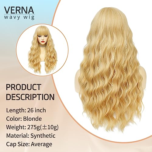 VERNA Blonde Curly Wavy Synthetic Wig 26 Inch with Bangs - Natural Look, Heat Resistant