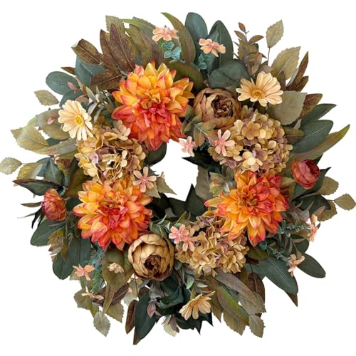 WANNA-CUL 24in Fall Front Door Wreath Dahlia Hydrangea Peony Vintage Spring Variation