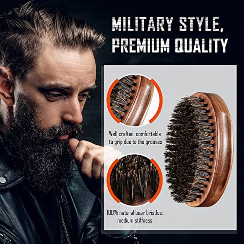 BFWood Boar Bristle Beard Brush - Black Wood Walnut Military Style, Men's Wooden Mustache Brush