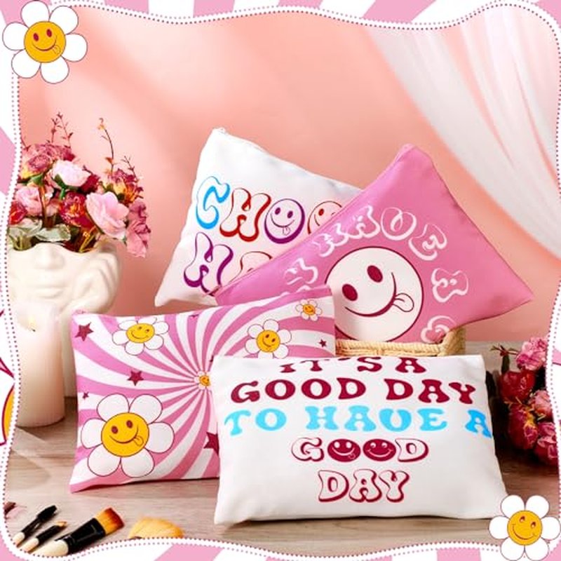 Kajaia 12 Pcs Preppy Makeup Bag with Zipper Pink Christmas Preppy Gift Cute Large Smile Face Cosmetic Bag Portable Travel Toiletry Accessories for Women
