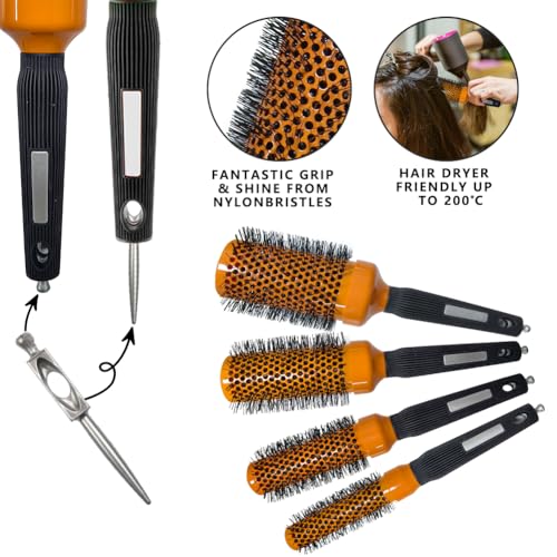 Orange 5pcs Hair Styling Brush Set - Blow Dry & Detangle Round & Boar Bristle