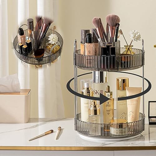 Shuang Qing 2-Tier Gray Rotating Makeup Organizer for Vanity & Skincare