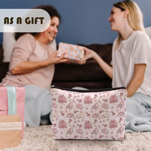 Pink Bookish Makeup Bag, Reading Lover Reader Gifts for Women, Preppy Pink Bow Rose Floral Bookish Cosmetic Bags for Women, Bookworm Gifts Zipper Makeup Pouch Travel Toiletry Bag