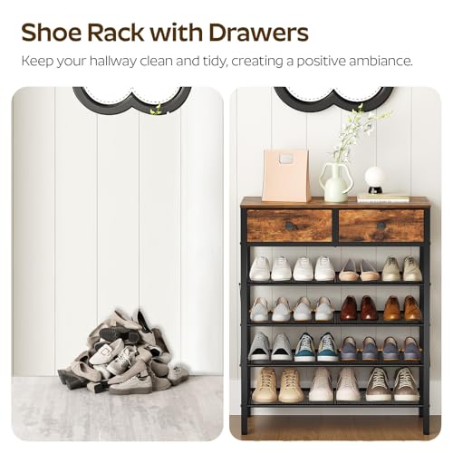 5-Tier Shoe Rack with Drawers - Rustic Brown & Black, Large Capacity, Metal & Wood