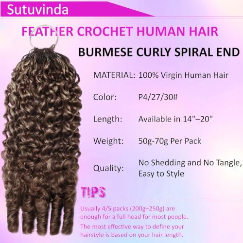 Ombre P4/27/30 Burmese Curly Human Hair Extensions 18 Inch Pre-Separated Feather Crochet with Spiral Curl Ends for Black Women