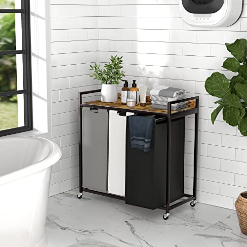 Laundry Hamper with 3 Removable Bags and Shelf - Rustic Brown, 60L Capacity, Movable Wheels - 3 Bag Set