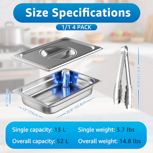 Full Size Hotel Pan with Lid - 4 Inch Deep Commercial Food Storage (4 Pack) + 4 Tongs