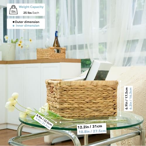Water Hyacinth Storage Basket Set with Handles - 3 Medium Rectangular Baskets (12.2"L x 8.9"W x 6.9"H) - Natural Wicker Organizers