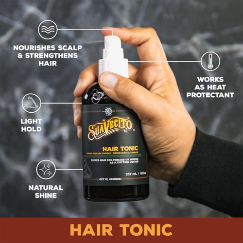 Suavecito Hair Tonic Spray 8 oz. Adds Refinement & Resilience To Hair - Combats Dryness, Buildup & Breakage - Nourishes Scalp - Alcohol Free, Paraben Free, Sulfate-Free - Rosemary, Witch Hazel