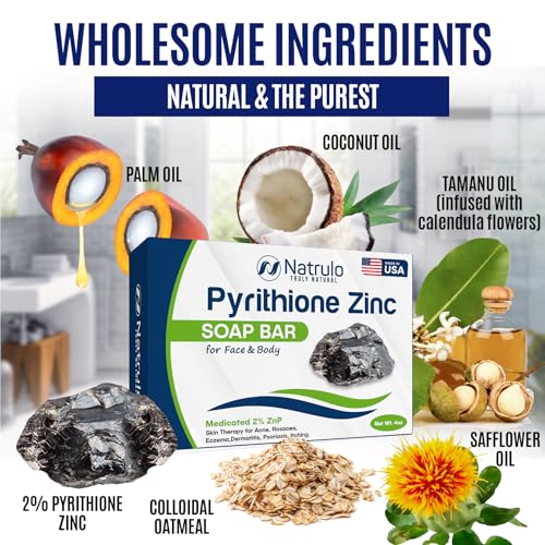 Pyrithione Zinc Soap Bar for Face & Body, 4oz | Medicated 2% ZnP Bar Soap Skin Therapy Cleanser for Acne, Rosacea, Eczema, Dermatitis, Psoriasis, Itching | Cleansing, Calming Facial Wash Made in USA