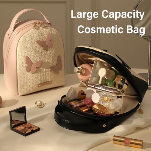 RIGHT AWAY Travel Makeup Bag,Large Cosmetic Bag Organizer with Zipper for Women,Waterproof PU Leather Toiletry Pouch Portable Make Up Bag with Compartments and Handle£¨Black£©