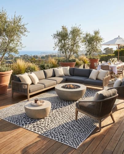 Unique Loom Cape Town Outdoor Area Rug 6'1 x 9' Black Ivory Rectangular