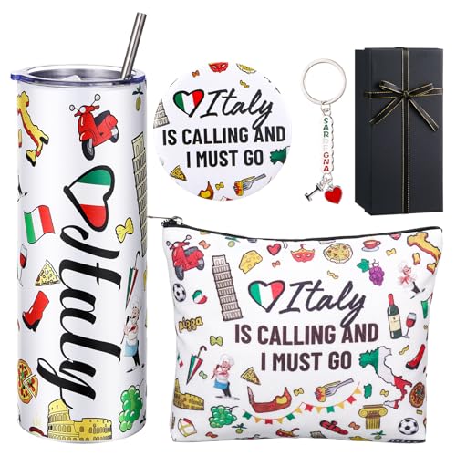 Sieral 5 Pcs Italy Travel Gift Set Funny Italy Themed Travel Trip Souvenir Gifts Includes Cosmetic Bag Thermal Cup Keychain for Traveler Women Birthday Christmas Party