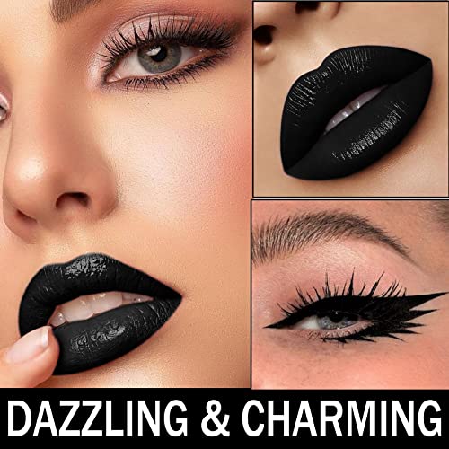 CAHIUYOA Black Matte Lipstick Lip Liner Set,Liquid Lipstick Lip Gloss Smudge Proof for Halloween Cosplay Goth Makeup,Waterproof and Long Lasting Black Lip Liner and Lipstick Set