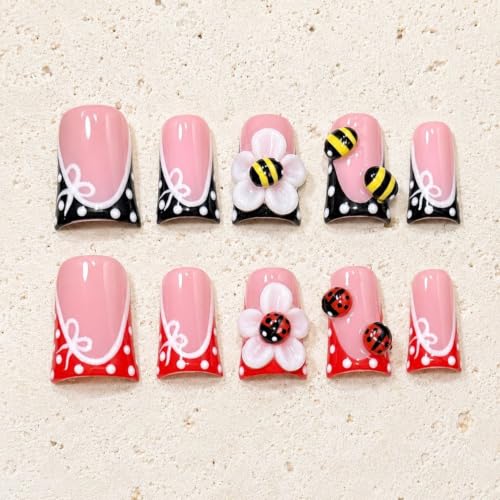 D-409-0 10pcs Short Square Black Red Polka Dot Fake Nails with 3D Bee & Ladybug Designs - Hand Made Flower Stick On Nails Kit for Women