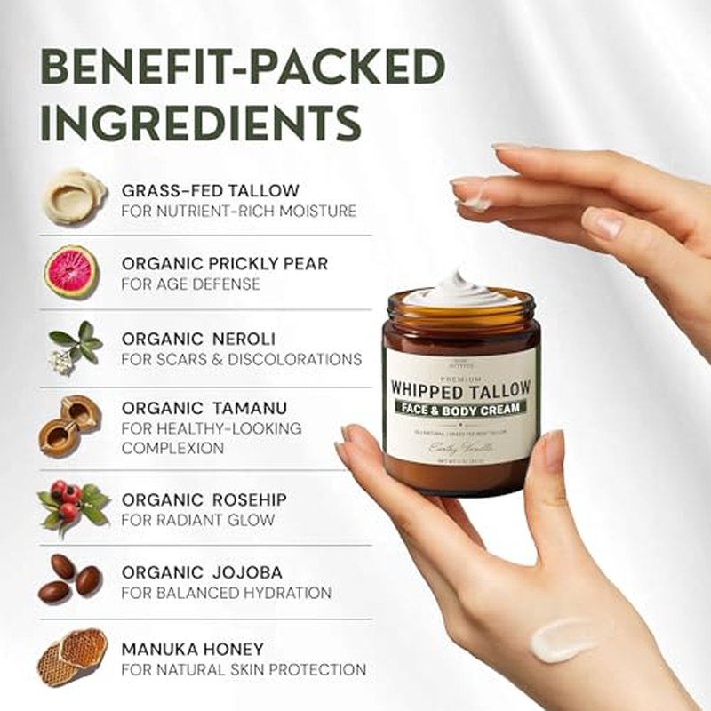 Beef Tallow for Skin Care - 100% Grass Fed Grass Finished - with Organic Jojoba, Prickly Pear, Rosehip, Tamanu Oils, Neroli, Vanilla & Manuka Honey - 3oz