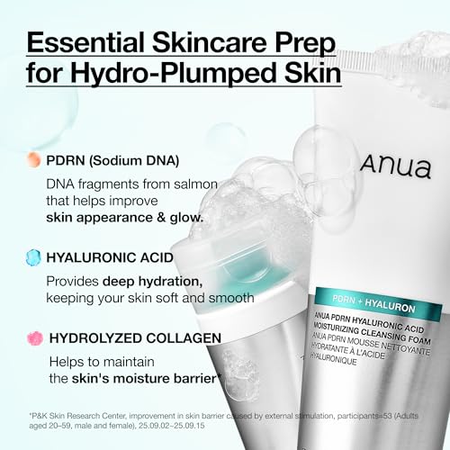 ANUA PDRN Hyaluronic Acid Moisturizing Cleansing Foam, Hydrating Facial Cleanser for Dry Skin, Daily Gentle Face Wash with Salmon DNA, Balancing & Pore Care, Korean Skincare (5.07 fl oz)