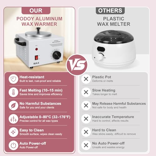 Podoy 0.5L Wax Warmer for Hair Removal with 200 Sticks - Portable & Adjustable Temperature, White