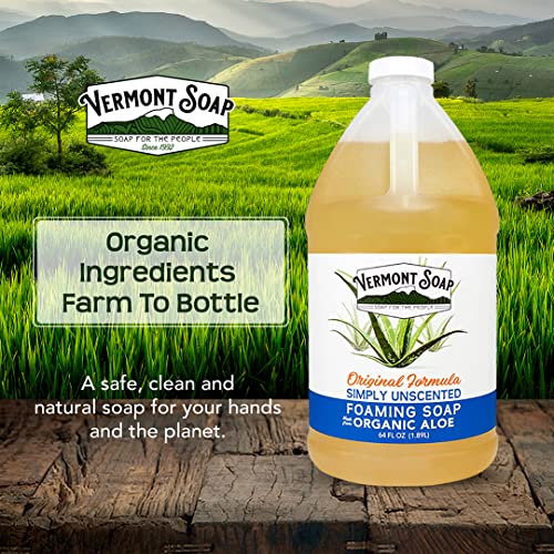 VERMONT SOAP Organic Unscented Foaming Hand Soap - Natural Moisturizing Soap for Dry Skin - Fragrance Free Liquid Bathroom Hand Soap - Simply Unscented - 64 oz