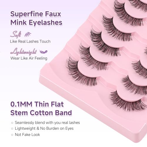 Wispy Lashes Natural Cat Eye Lashes 14mm False Eyelashes Thin Memory Band Volume False Lashes Soft Strip Lashes Pack C Curl Natural Eyelashes Fake Eyelashes 7 Pair EVENTILL