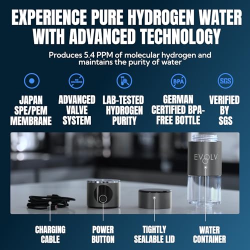EVOLV Hydrogen Water Bottle - Black Carbon Ionizer, Leak Proof, Safe & Portable