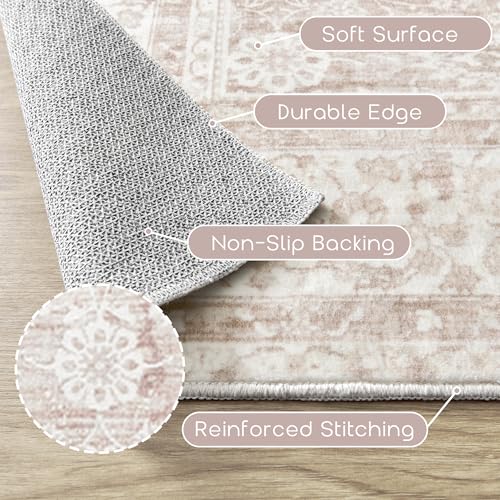 5x8 Pink Floral Washable Vintage Distressed Rug for Bedroom - Pink