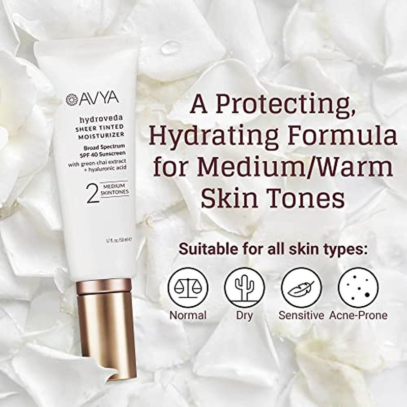 AVYA SPF 40 Sheer Tinted Moisturizer with Hyaluronic Acid & Green Chai ? Advanced Ayurvedic Skincare Treatment for Balanced and Brighter Skin/Medium Skintones Shade #2 (1.7oz/50ml)