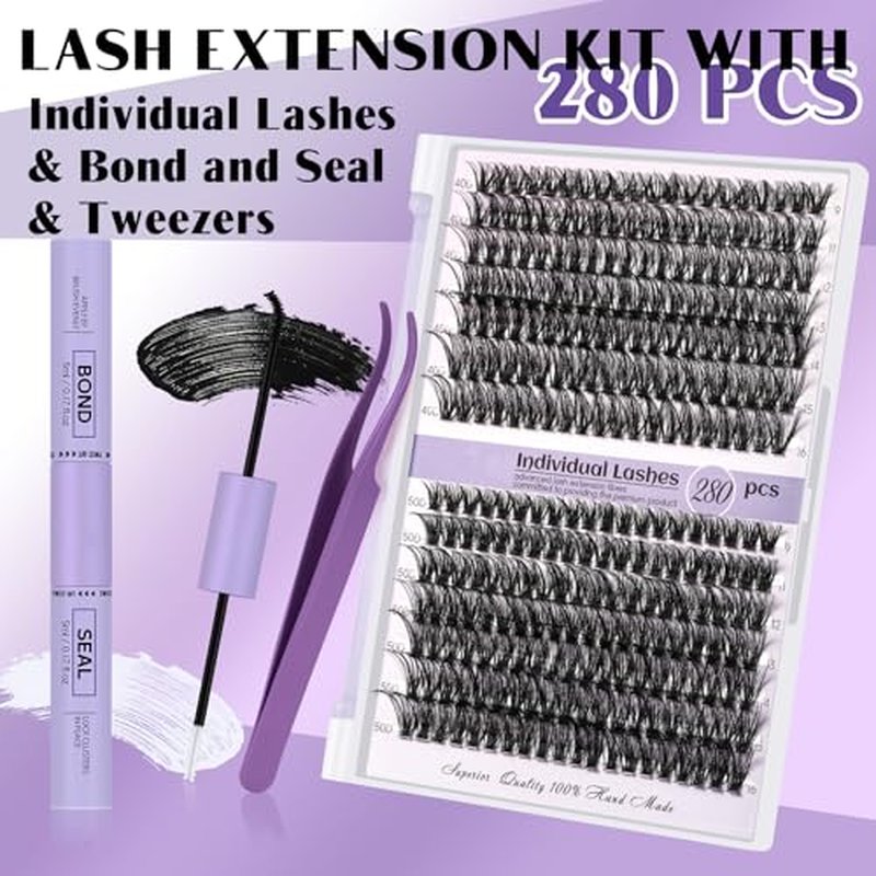 DIY Lash Extension Kit 280pcs Individual Lashes Cluster D Curl Eyelash Extension Kit Lash Clusters with Lash Bond and Seal and Lash Applicator Tool for Self Application (KIT,40D+50D-0.07C-9-16MIX)