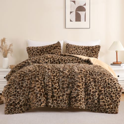Bolder Queen Size Cheetah Faux Fur Comforter Set 3 Pieces - Brown