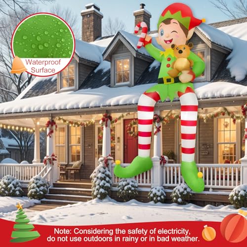 10FT Outdoor Christmas Inflatable Elf with LEDs & Stable Setup - Yard Decor