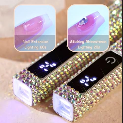 Crystal Rhinestone UV Nail Lamp, Artificial Bling Handheld UV Light for Nails, Portable Mini Nail Light with 2 Timer and LED Display, Rechargeable USB Nail Dryer for Fast Curing Gel Polish