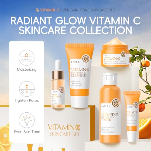 LAIKOU Vitamin C Skin Care, Skin Care Set, Face Mask, Eye Mask, Lip Mask with Serum, Cleanser, Toner, Eye Cream, Essence Cream for Women Teen Girls Mom Daughter Mother's Day Christmas Birthday