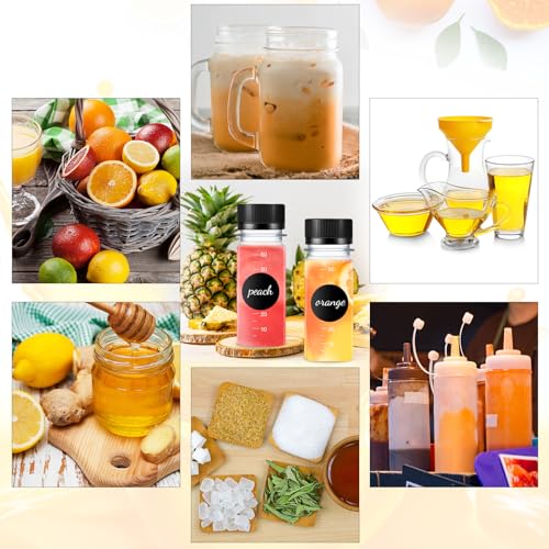 Roshtia 100 Pcs 2 oz Plastic Bottle with Caps for Liquids Small Clear Ginger Shots Bottles with Scale Reusable Mini Jars with Lids and 15 Pcs Funnel 3 Labels for Juice Sauce Bulk Portable Travel