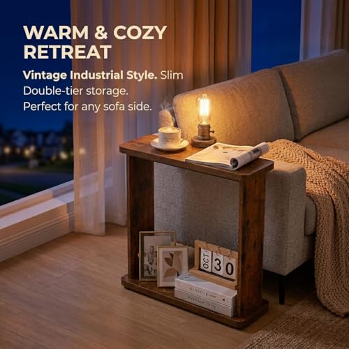 Rustic Brown Narrow Side Table - 7.9 Inch Slim End Table with Dual-Tier Storage